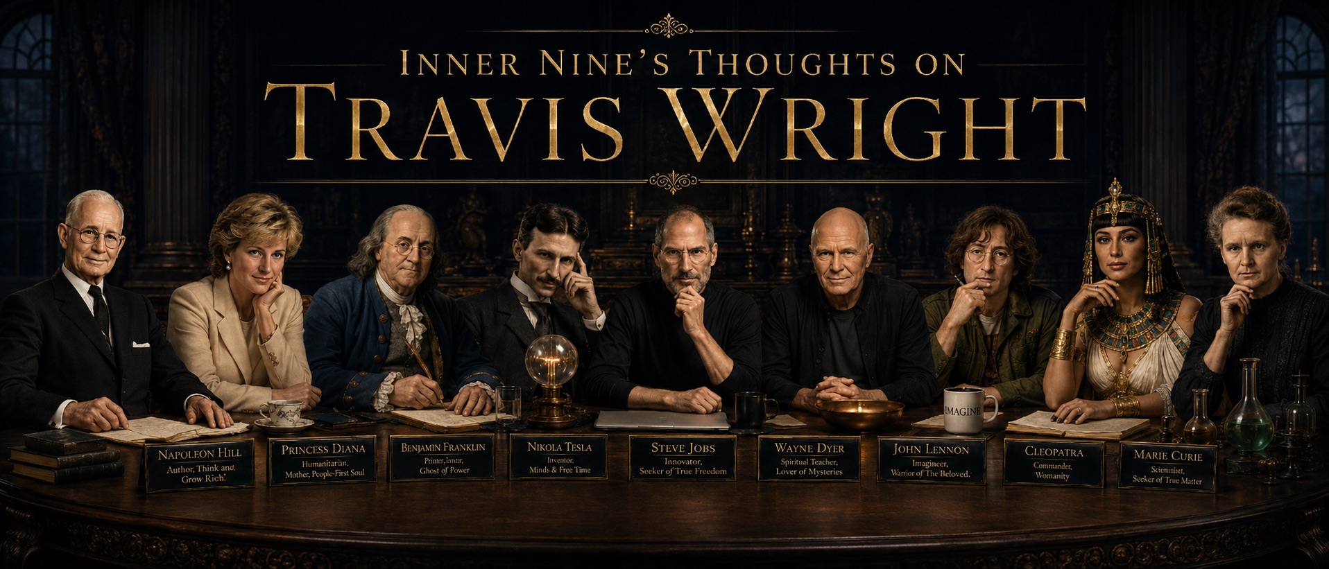 The Inner Nine council: Napoleon Hill, Princess Diana, Benjamin Franklin, Nikola Tesla, Steve Jobs, Wayne Dyer, John Lennon, Cleopatra, and Marie Curie seated at a boardroom table